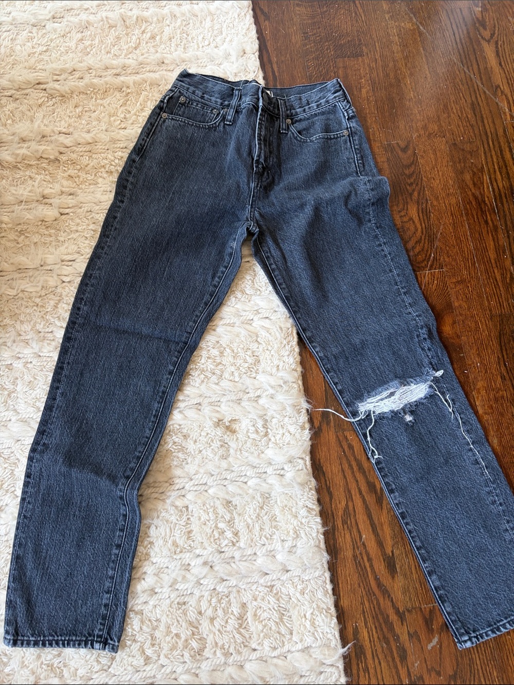 Madewell Washed Black Straight Leg Jeans with Distressed Knee